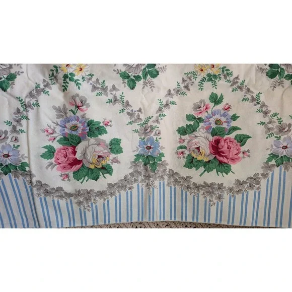 Vintage Floral Trellis Fabric Blue Stripe Border Pink Roses Cotton 132"x53" - Picture 2 of 11